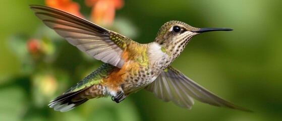 Fototapeta premium Vibrant hummingbird flutters gracefully in nature, its iridescent feathers shimmering against a lush green background with orange blossoms.