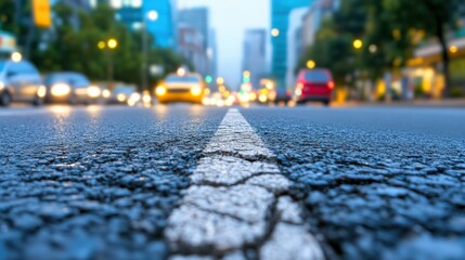 Close-up of asphalt road with blurred city traffic, white dividing line on dark asphalt, city street at dusk with blurred vehicles.