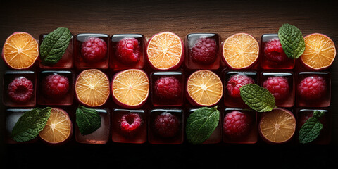 Luxurious frozen cubes featuring vibrant red raspberries, sliced citrus, and fresh mint leaves, creating a visually appealing and flavorful way to chill drinks.
