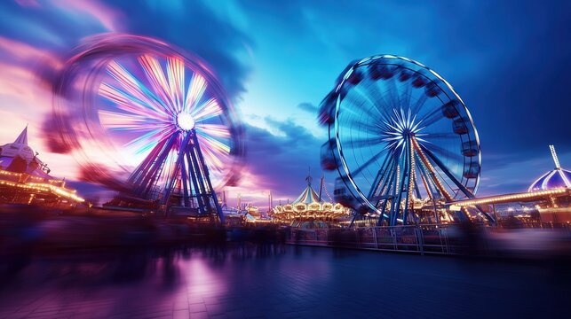 Large Ferris wheels spinning at a night carnival with colorful lights. Amusement park entertainment