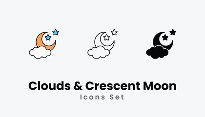 Clouds & Crescent Moon Icons thin line and glyph vector icon stock illustration