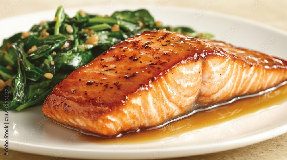 Poster Pan-seared salmon filet topped with savory glaze served with sautéed spinach and pine nuts in a casual dining setting