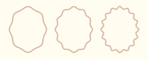 Rope oval frames collection. Wavy brown curves twisted cord borders. Vintage, rustic, retro decorative elements for invitations, cards, tags, crafts, branding. Minimal nautical or western concept.