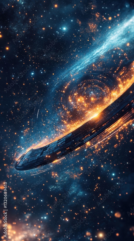 Poster Mystical spaceship navigating through a vibrant cosmic landscape with swirling galaxies and shimmering stars