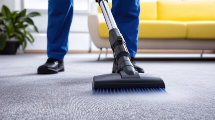 Close-up of vacuum cleaner on carpet, Person in blue uniform cleaning gray carpet.