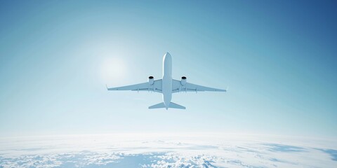 Obraz premium Commercial airplane with sun and cloud layer. White aircraft with blue sky and distant horizon. Travel scene with bright light and fluffy clouds.