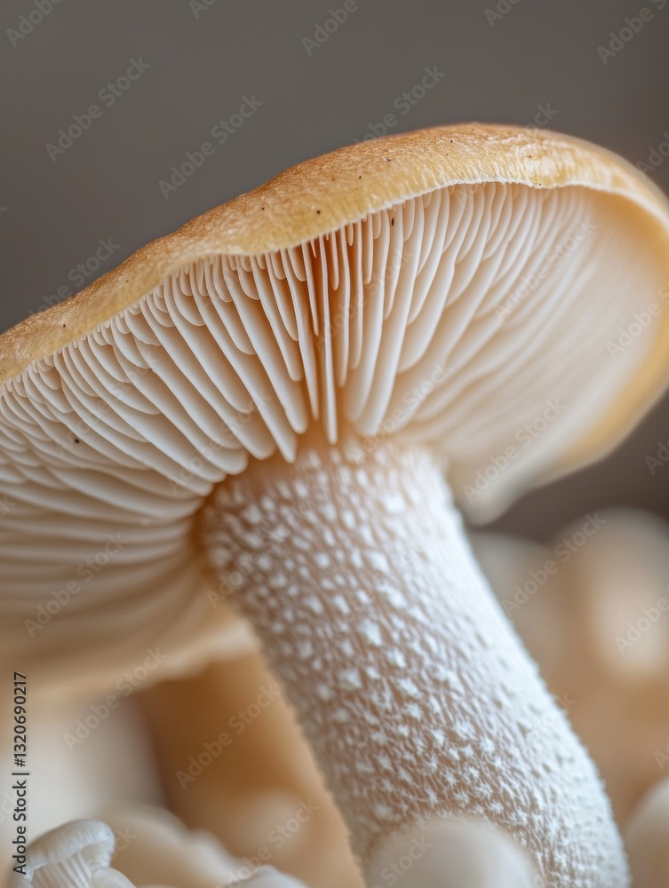 Poster close-up of a mushroom. the mushroom has a light brown cap with a white underside. the cap has a sli