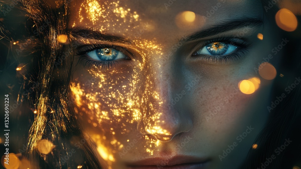 Poster mystical portrait of a woman's face glowing with enchanting light, captivating gaze and shimmering a