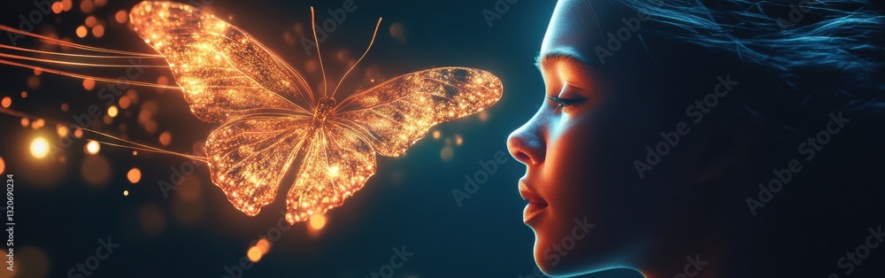Aufkleber mystical profile of a woman illuminated by a glowing butterfly in a dreamlike setting