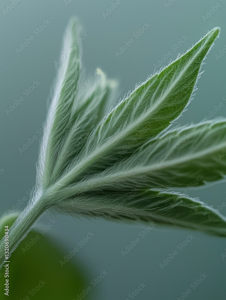 Poster close-up of a single green leaf. the leaf is elongated and has a pointed tip. the edges of the leaf 