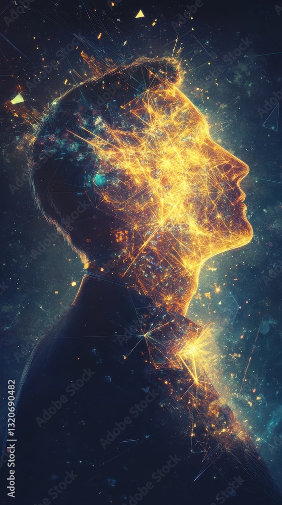 Poster mystical profile of a man radiating vibrant cosmic energy with intricate light patterns in a dark sp