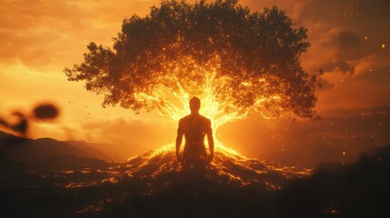 Obraz premium Mans silhouette surrounded by glowing tree in a mystical landscape at sunset