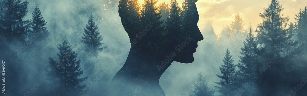 Aufkleber mystical profile silhouette of a man merged with forest scenery at dusk