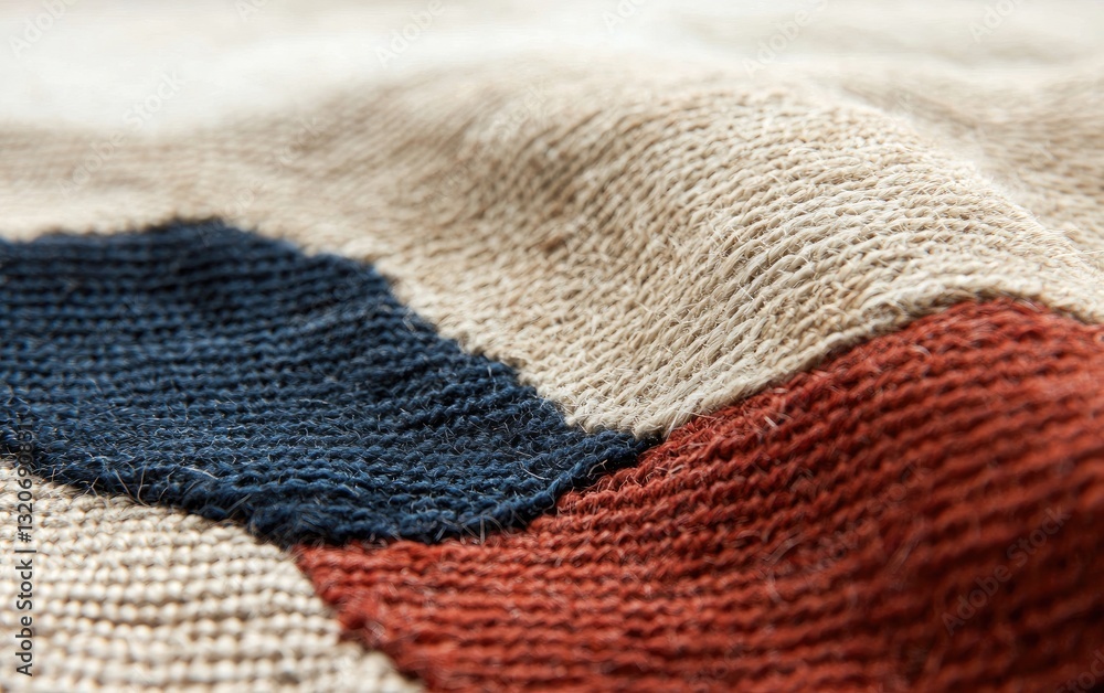 Poster close-up shot of textured fabric in beige, navy, and rust colors. the image shows a detailed view of