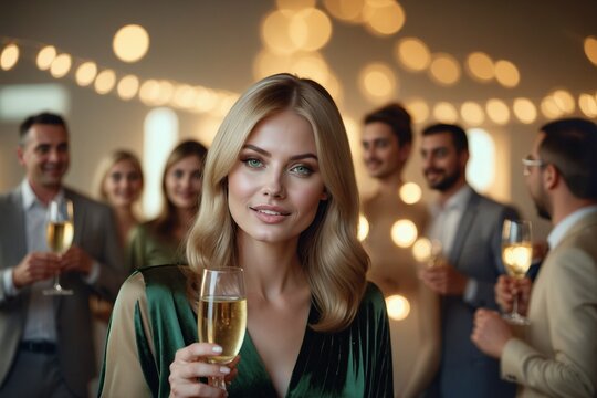 Woman with Champagne at Luxurious Party with String Lights