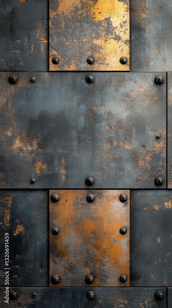 Poster Metallic background featuring deep gray tones with rusty accents and rivets creating an industrial aesthetic perfect for creative projects
