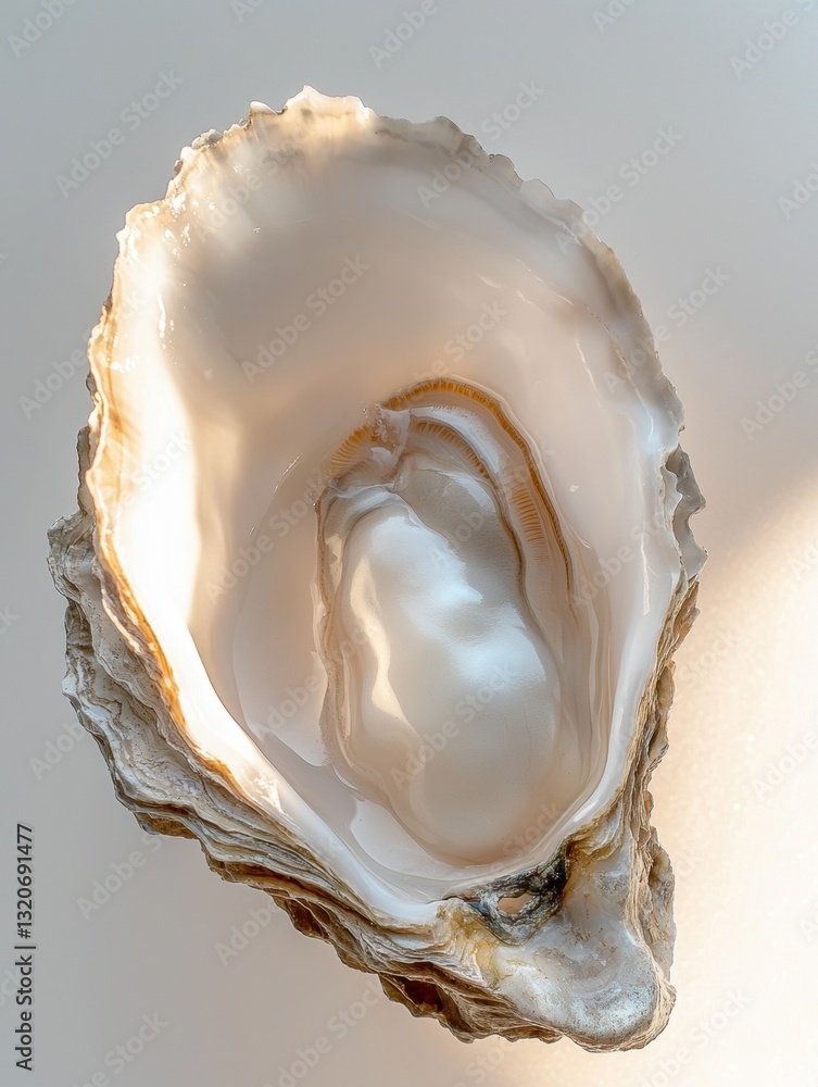 Poster close-up of an open oyster shell. the shell is light brown in color and has a rough texture. the ins