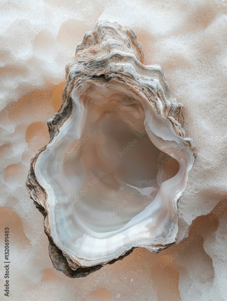 Poster close-up of an oyster shell. the shell is open, revealing the interior of the shell which is a light