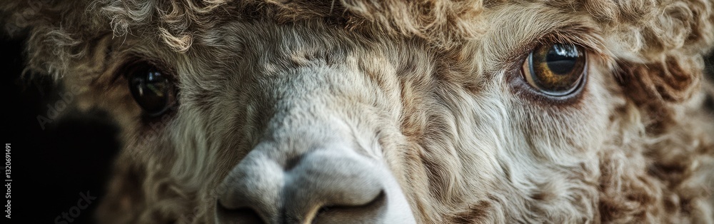 Aufkleber Close-up view of a curious alpaca capturing intricate details of its face and expressive eyes in natural light