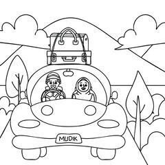 Mudik Homecoming Coloring Page - Family Road Trip for Eid Holiday - Ramadan Travel Outline Vector