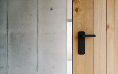 Close-up of a black door handle on a light brown wooden door, with a gray concrete wall in the background.  The wood grain is prominent