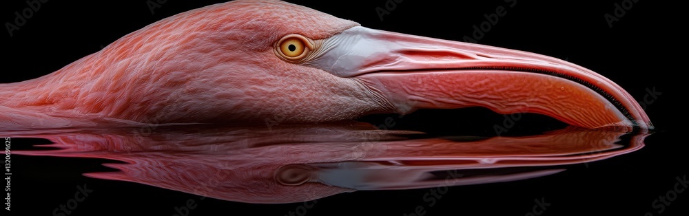 Poster Detailed macro shot of a flamingo's face showcasing vibrant colors and unique features at a tranquil water surface