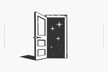 Hand-drawn open door with starry night sky illustration. Black and white sketch-style vector drawing of a doorway leading to space with shining stars. Fantasy, mystery, and exploration concept.