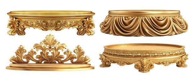 Set of luxurious golden pedestals with ornate decorations, isolated on transparent cutout background