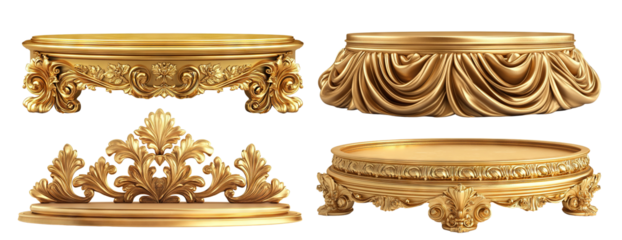 Set of luxurious golden pedestals with ornate decorations, isolated on transparent cutout background