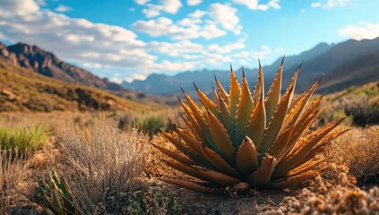 Desert agave in mountain valley at sunrise