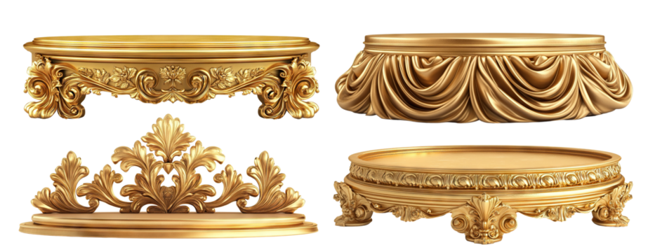 Set of luxurious golden pedestals with ornate decorations, isolated on transparent cutout background