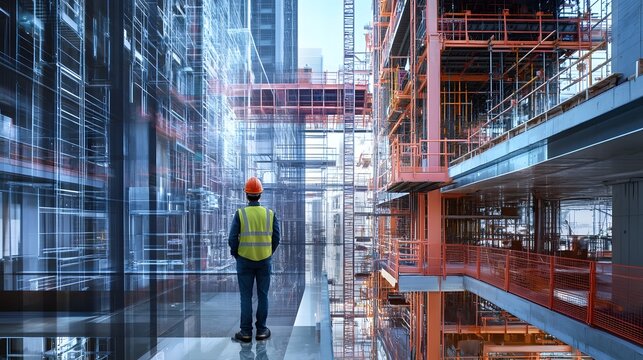 Augmented Reality Interface Showcasing MEP System Data at High-Rise Construction Site