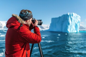 Obraz premium A focused man capturing stunning icebergs with a camera in a vibrant landscape, reflecting passion for nature and photography. Photo Expedition, Lens on Location