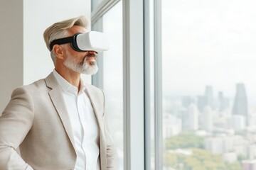 Fototapeta premium Businessman wearing futuristic VR headset looking out of high rise office window with modern cityscape in background