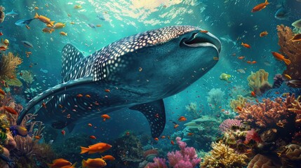 Fototapeta premium Whale shark gliding through vibrant coral reef teeming with colorful fish, under a sunlit ocean. Majestic marine life in natural habitat.
