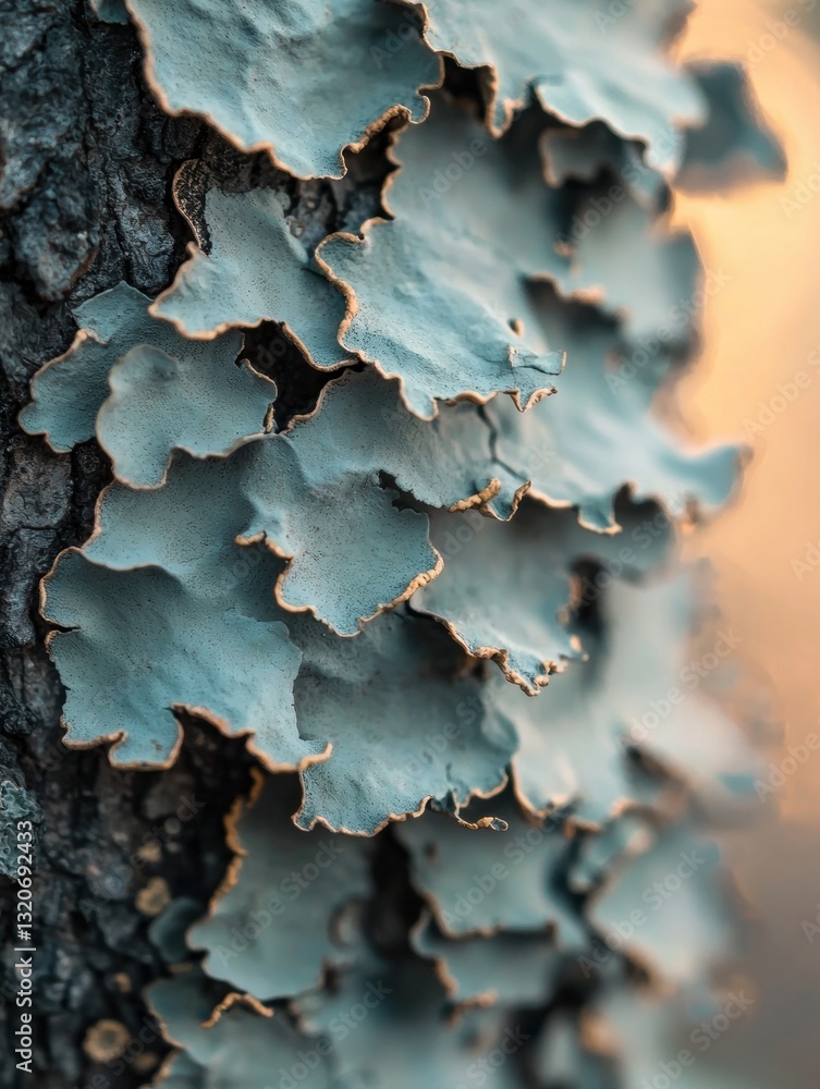 Poster close-up of a tree trunk with a cluster of lichen growing on it. the lichen is a light blue color an