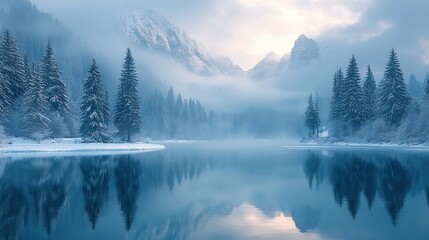 Fototapeta premium Majestic snowy mountains and towering pines surround a frozen lake, enveloped in fog creating a serene, tranquil winter landscape perfect for quiet reflection.
