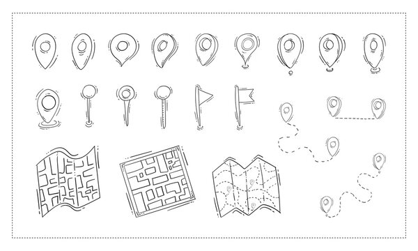 Hand drawn location icon, pin location icon, doodle map icon set