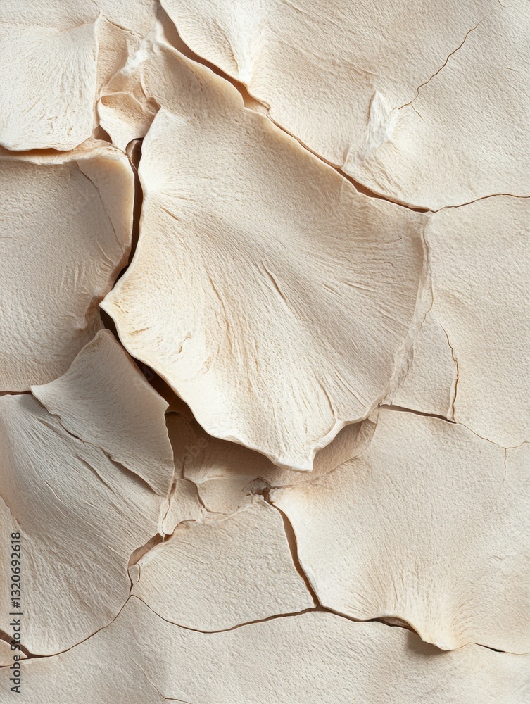 Poster close-up of a textured surface with cracks and crevices. the surface appears to be made of a light-c