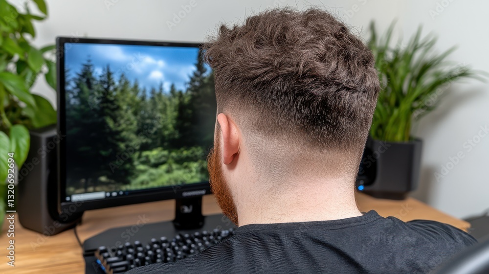 Poster a man with a shaved head is sitting in front of a computer monitor