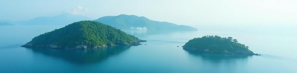 Tranquil fog enveloping lush green islands in a serene blue water setting, peaceful, islands, nature