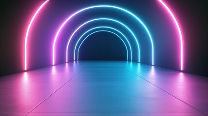 Glowing neon arch tunnel with reflective floor. Futuristic digital corridor. Modern technology concept
