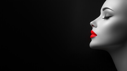 High-contrast portrait of a woman with bold red lips against a black background. Minimalist beauty