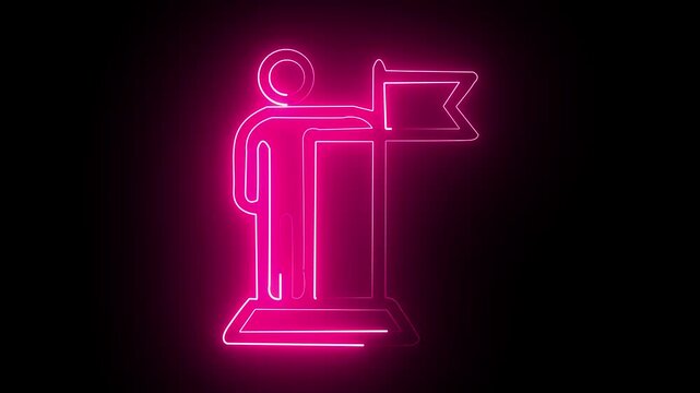 neon glowing man icon with flag animation on black background.