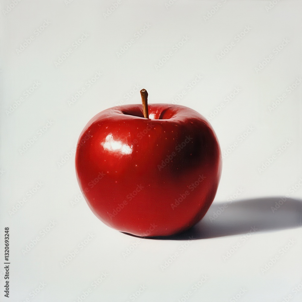Poster fresh red apple with a glossy finish on a plain background, showcasing its vibrant color and natural
