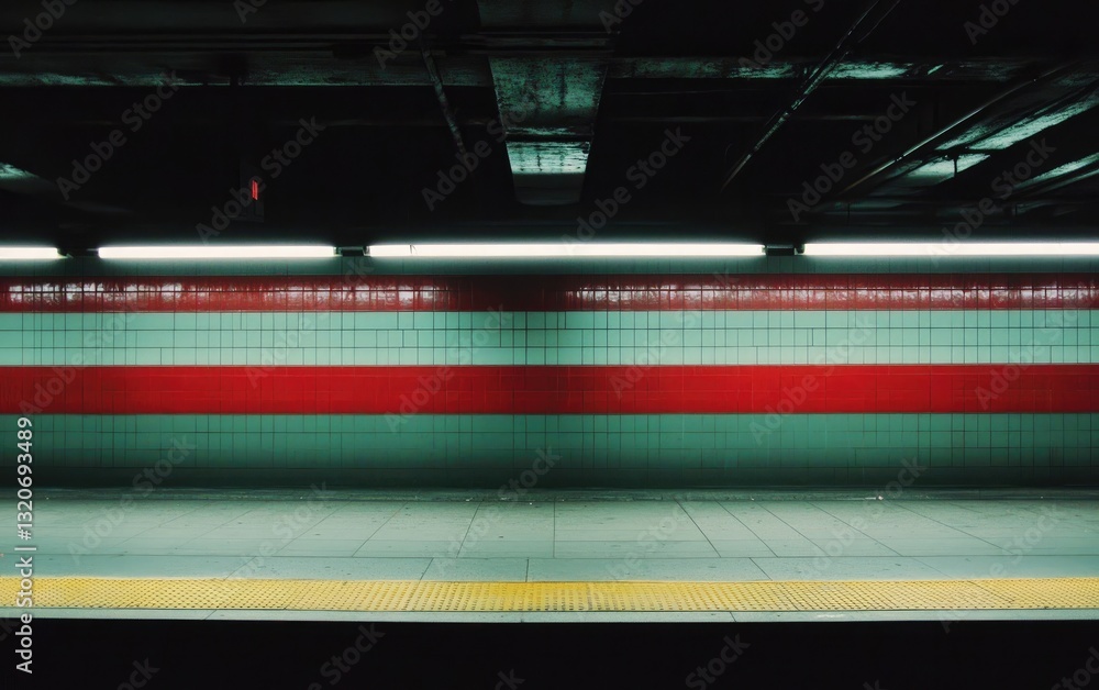 Poster empty subway platform with red and white striped walls under fluorescent lights. the floor is a ligh