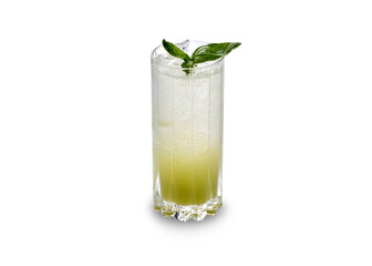 A refreshing cocktail with basil leaves, served in a tall glass with ice.