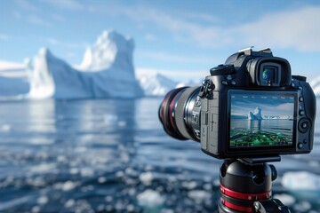 A professional camera captures a stunning iceberg reflection on calm Arctic waters, showcasing nature's beauty. Photo Expedition, Lens on Location