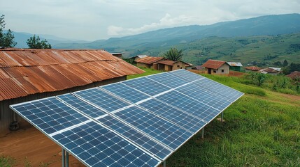 Solar Panels Providing Power to Rural Village with Mountainous Background