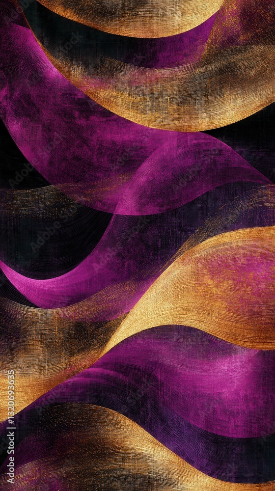 Poster flowing wave design in deep purple and gold hues creates an elegant visual tapestry with intricate p